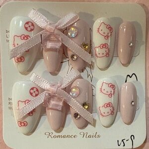 Cute Pink and White Nail Set with Bows and Hello Kitty Design